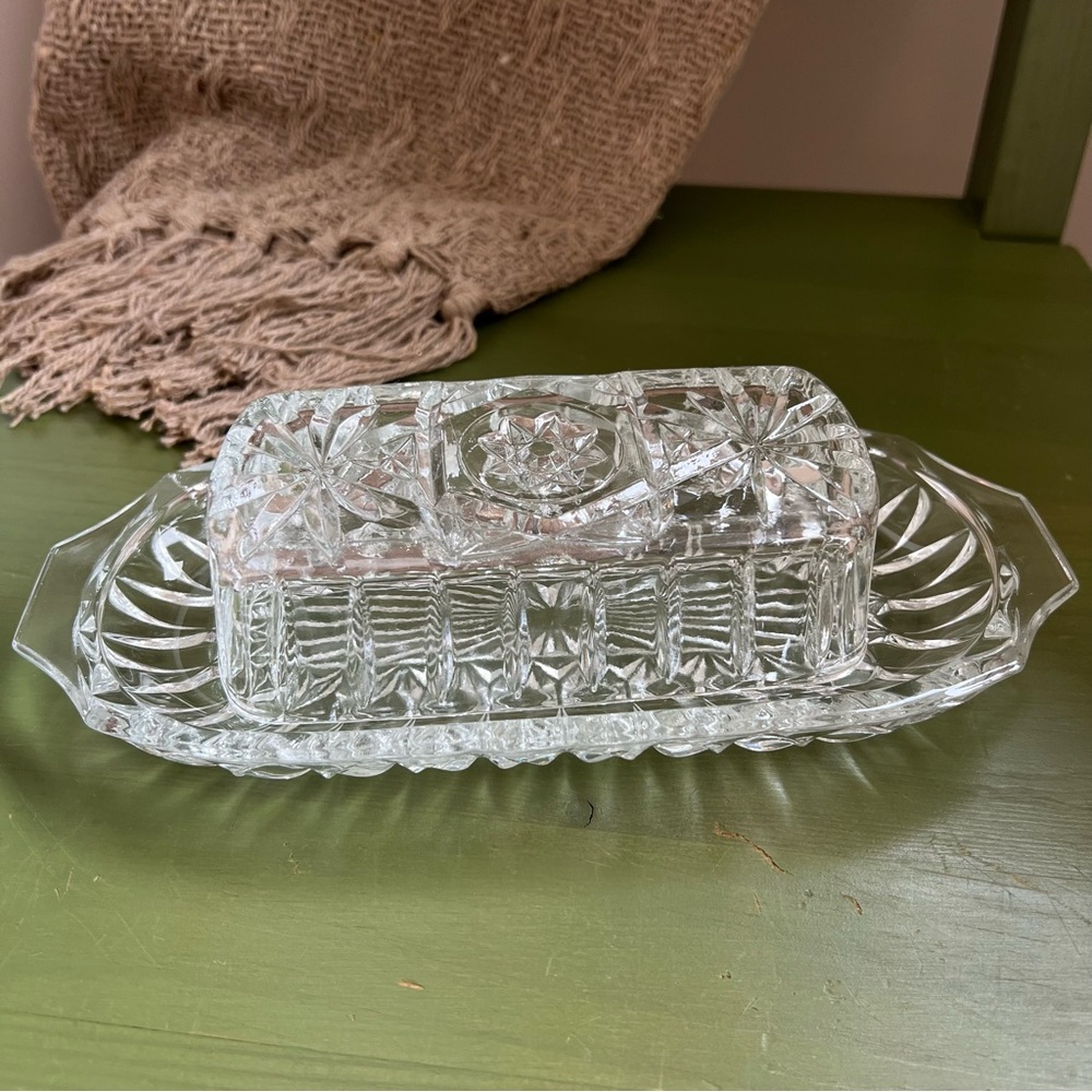 Vintage Anchor Hocking Star of David Clear Glass Covered Butter Dish